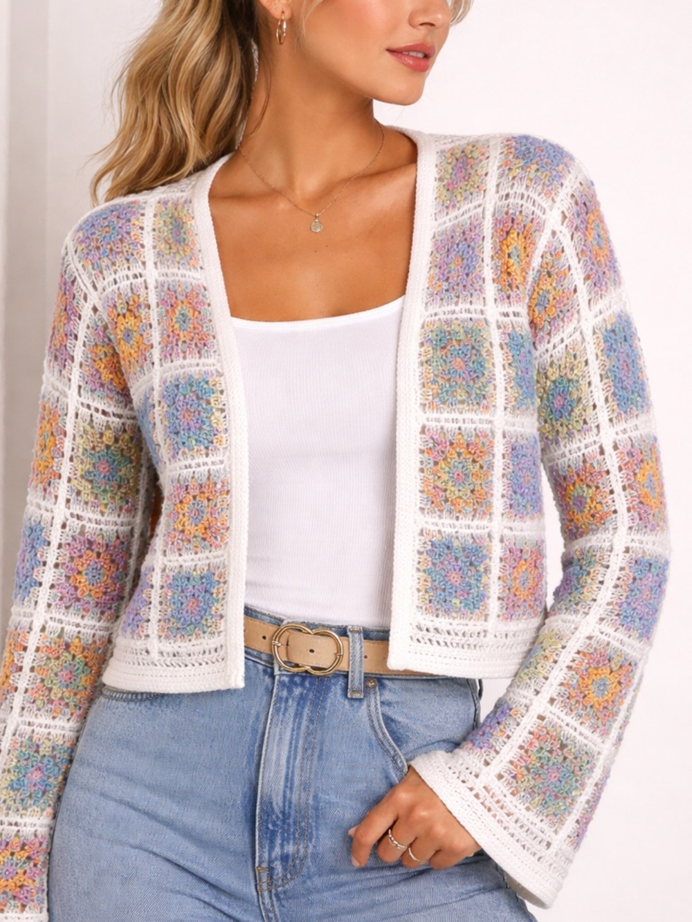 SHEIN White Crochet Cardigan with Pastel Multicolor Squares